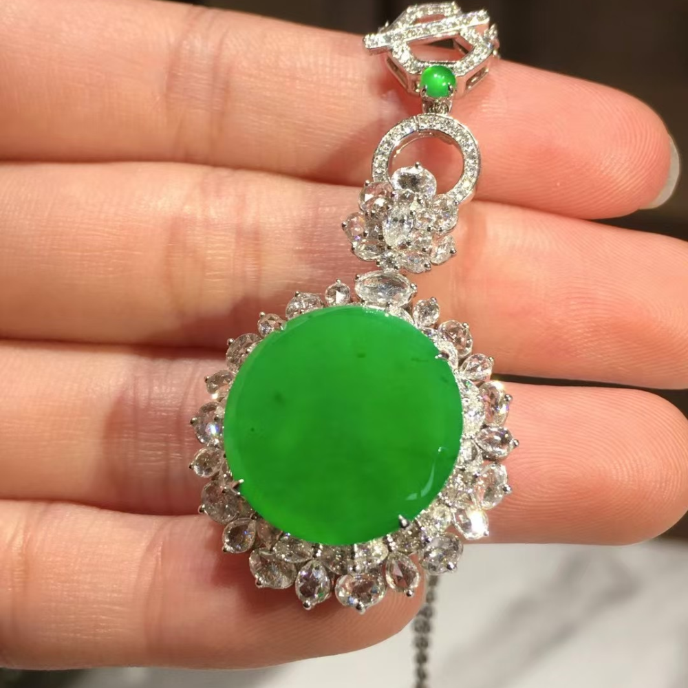 Bright Green Jadeite Pendant & Earring Duo - Image 3
