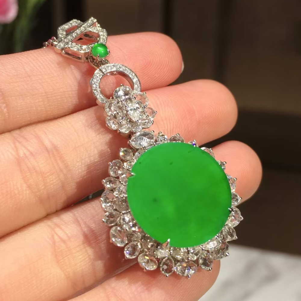 Bright Green Jadeite Pendant & Earring Duo - Image 2