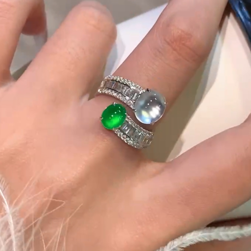 “Dual Serenity” Green and White Jadeite Ring - Image 3