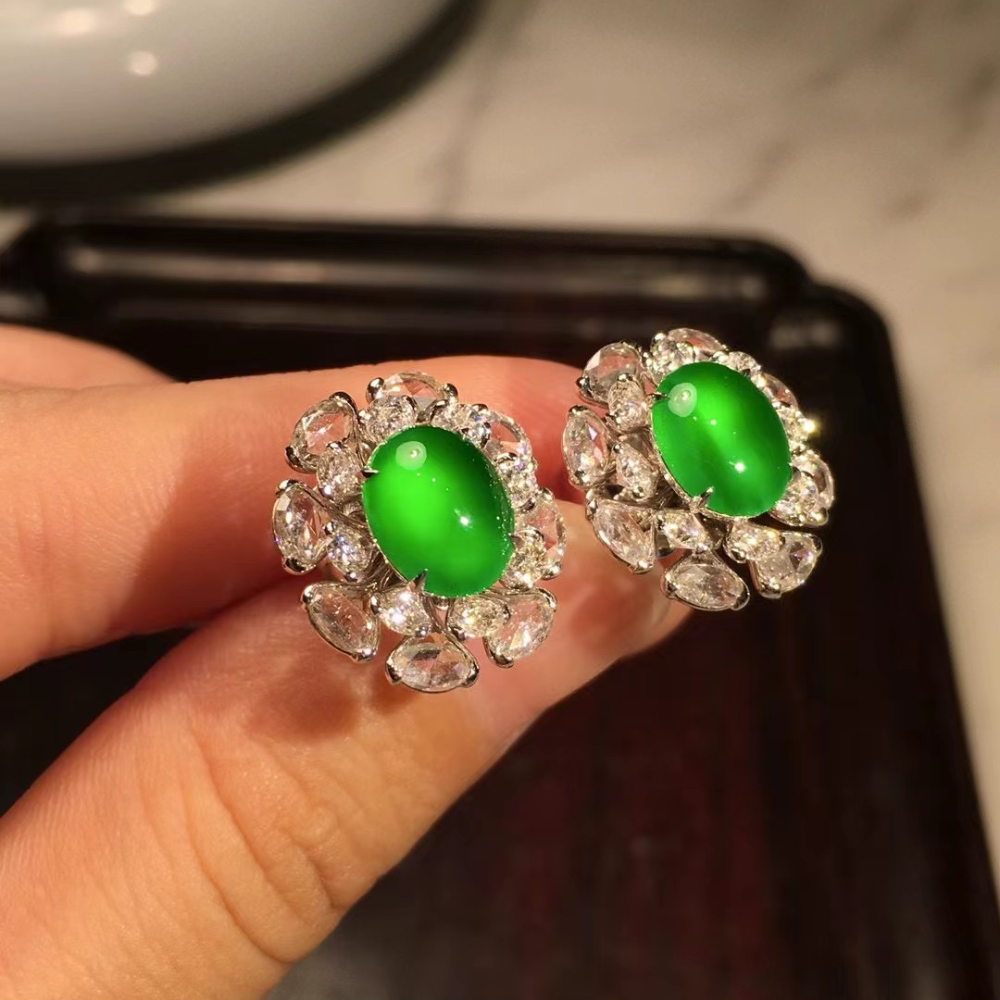 Glassy Imperial Green Jadeite Sunflower Earrings - Image 3