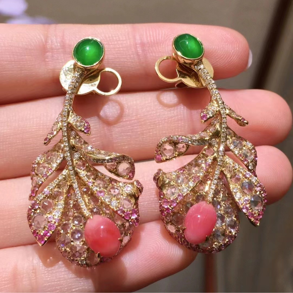Luxurious Green Jadeite & Seashell Bead Earrings - Image 3